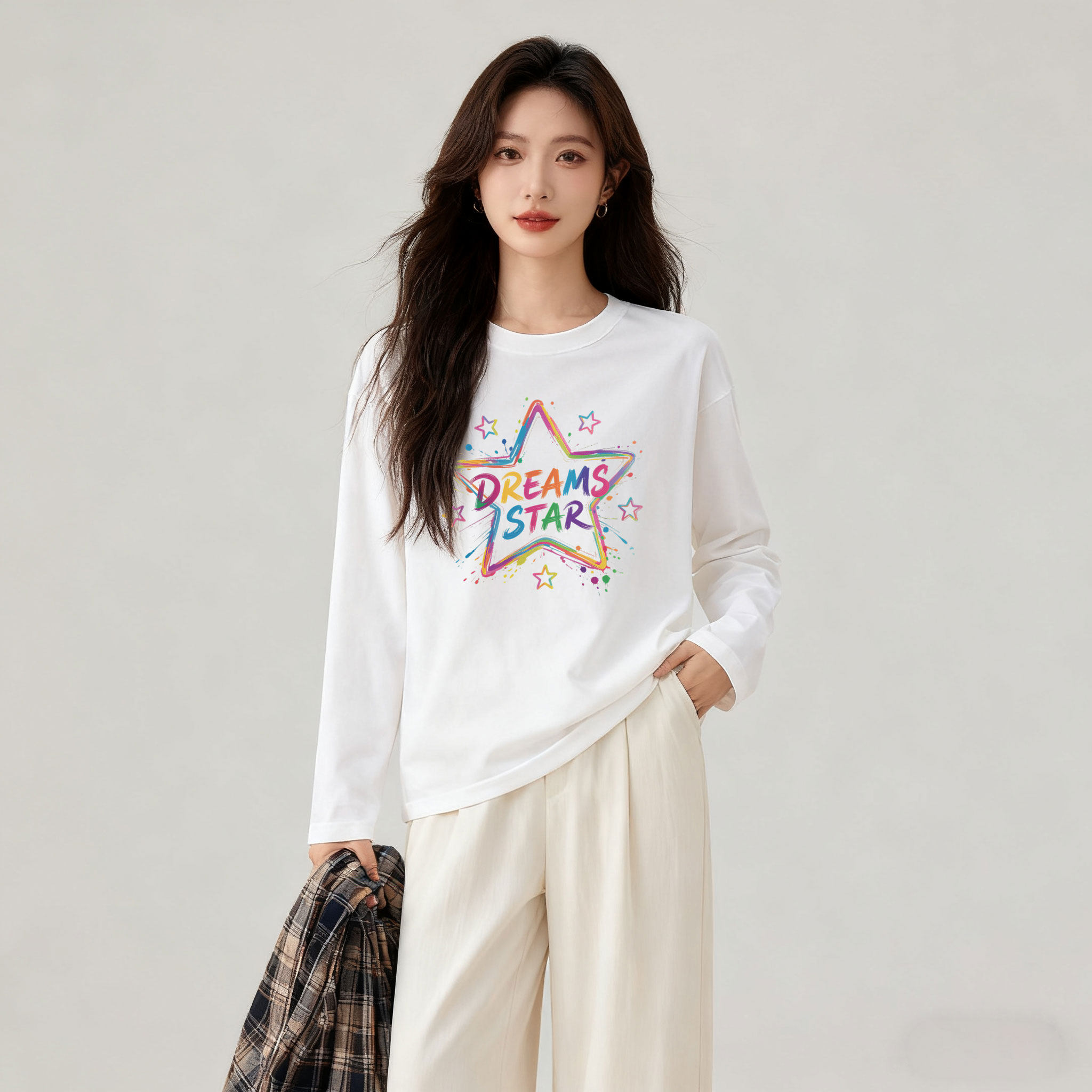 秋季厚款纯棉长袖t恤女宽松印花圆领白色套头春秋单穿秋冬打底衫