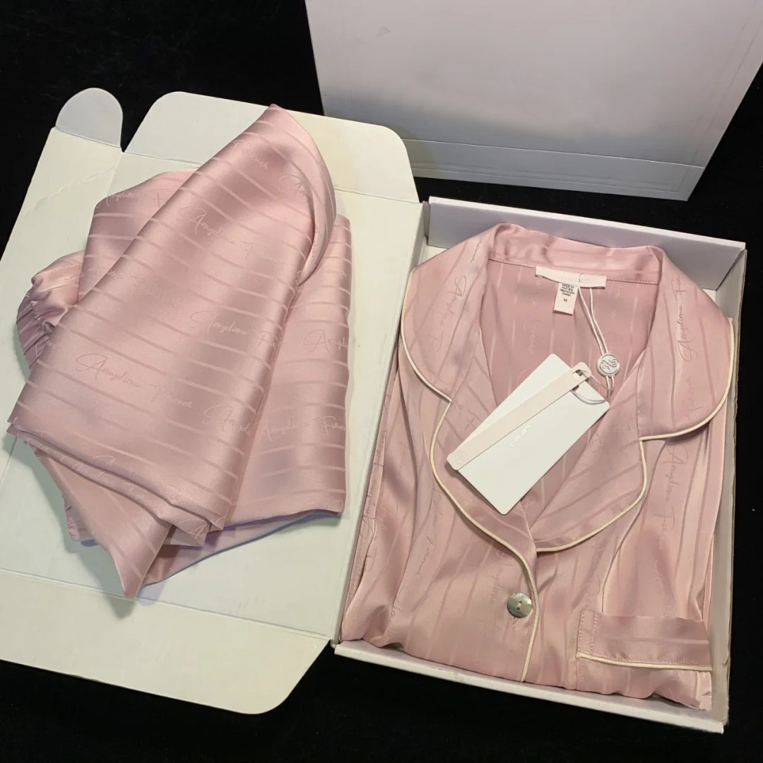 小红书推荐定制面料提花绸缎条纹英文字母睡衣女春秋季家居服套装