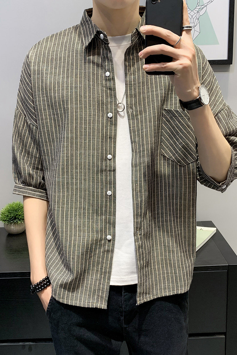 109P55棉麻薄款中袖衬衣男百搭帅气短袖衬衫宽松休闲青年,男装衬衫,星座414（原B263）