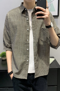 109 P55棉麻薄款中袖衬衣男百搭帅气短袖衬衫宽松休闲青年图片