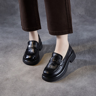 真牛皮英伦风乐福鞋女厚底一脚蹬四季经典黑色小皮鞋加绒厚底单鞋