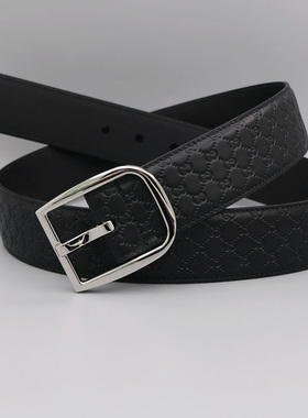 裤带男青年商务休闲男真皮皮带银色针扣黑色牛皮压花纹男腰带