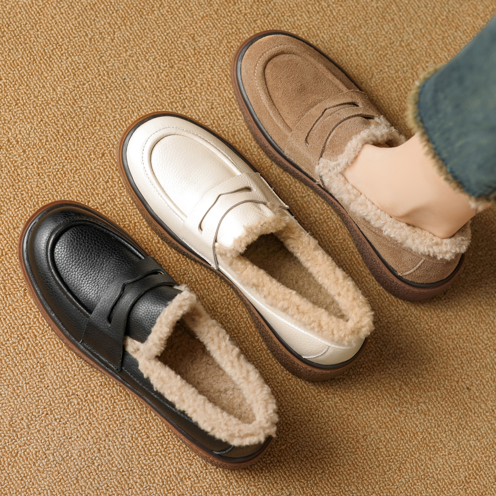 2025新款真皮乐福鞋女鞋冬季加绒厚底4公分不累脚英伦风小皮鞋