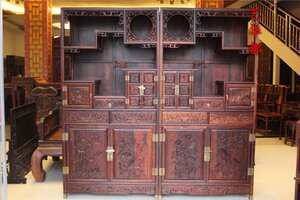 红木古典交趾黄檀家具/老挝大红酸枝龙头博古架一对/中式实木家具