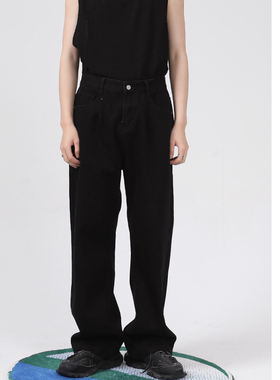 HBZ小众设计感ins复古黑色水洗宽松直筒牛仔裤高街阔腿裤街头男女