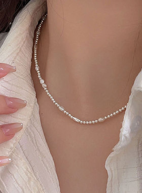 持恒s925纯银天然淡水珍珠项链女韩国新款小众高级感轻奢米珠素链
