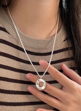 持恒S925纯银几何O型项链女韩版2026新款圆圈吊坠小众百搭毛衣链