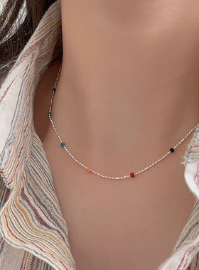 持恒s925纯银IU同款彩虹豆豆项链女夏小众设计韩国串珠新款锁骨链