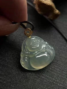 背面一刀切無紋裂瑕疵 18k金鑲嵌 天然A貨翡翠冰種佛公吊墜