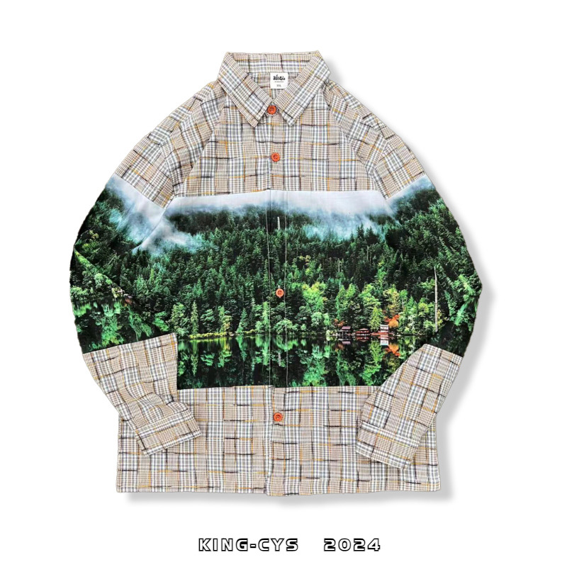 欧美潮牌风景森林印花格子拼接时尚休闲旅游尖领长袖衬衫上衣男女