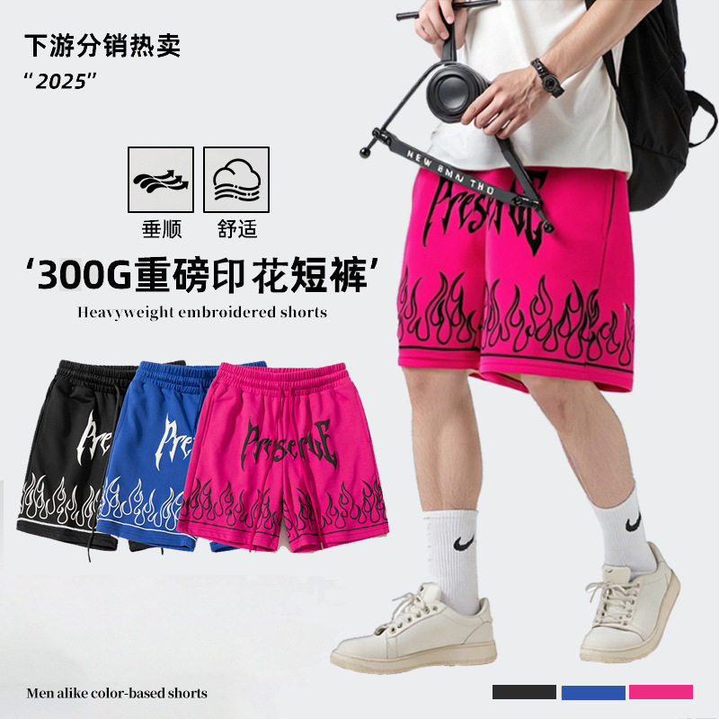 美式街头复古风字母火焰印花短裤篮球运动不过膝四分裤男学生布裤