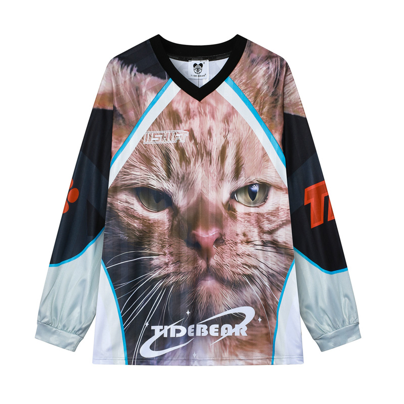 恶搞凶狠猫咪印花棒球V领长袖T恤