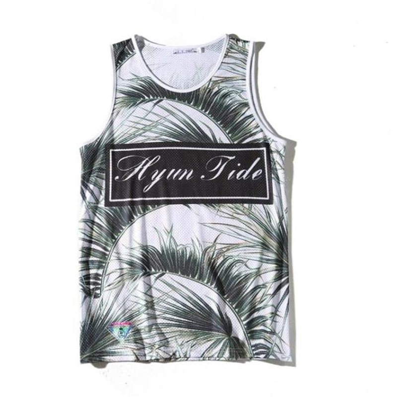 夏威夷美式潮流椰子树叶印花冰丝运动宽松跑步训练健身沙滩背心男