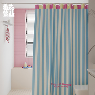 韩系简约条纹浴帘卫生间隔断挂帘多巴胺淋浴间免打孔门帘四季通用
