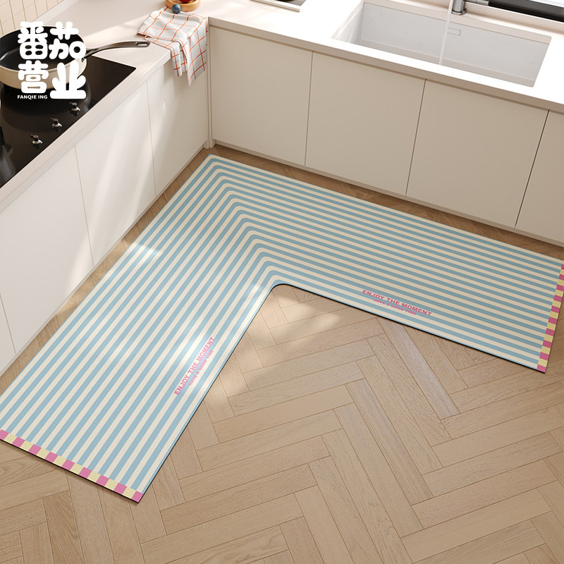 韩系简约条纹厨房地垫皮革防滑吸水吸油可擦免洗家用拐角软垫脚垫,居家布艺,厨房地垫,淘宝优惠券,粉丝福利购,淘宝优惠卷