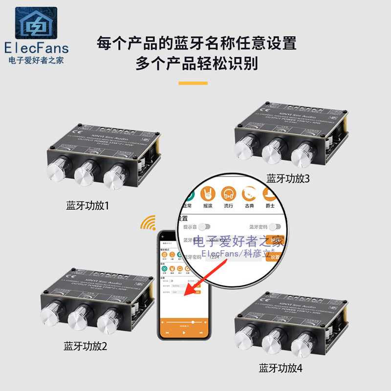 2.1声道蓝牙音频功放板模块XY-E30H 2路*15W+30W重低音炮喇叭音箱