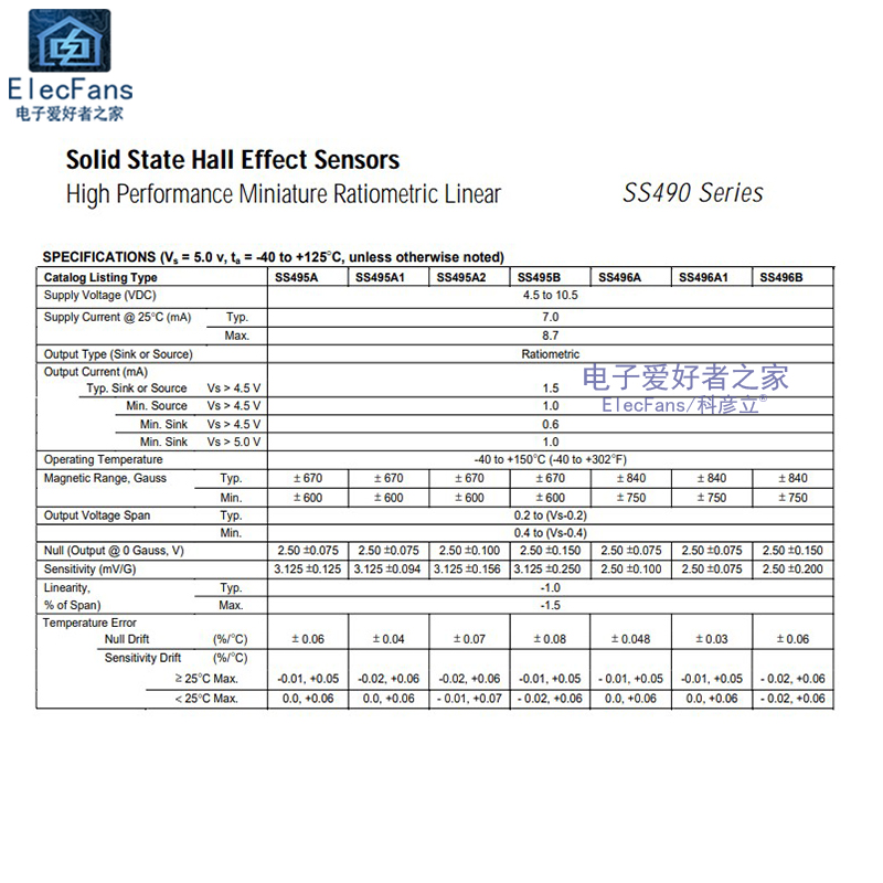 SS495A线性霍尔开关传感器磁敏元器件SS495A1丝印95A直插TO-92S