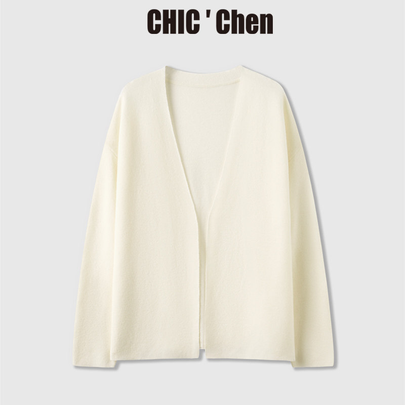 玖致CHIC CHEN羊绒开衫女款2025春装纯色深V领高级感针织外套薄款