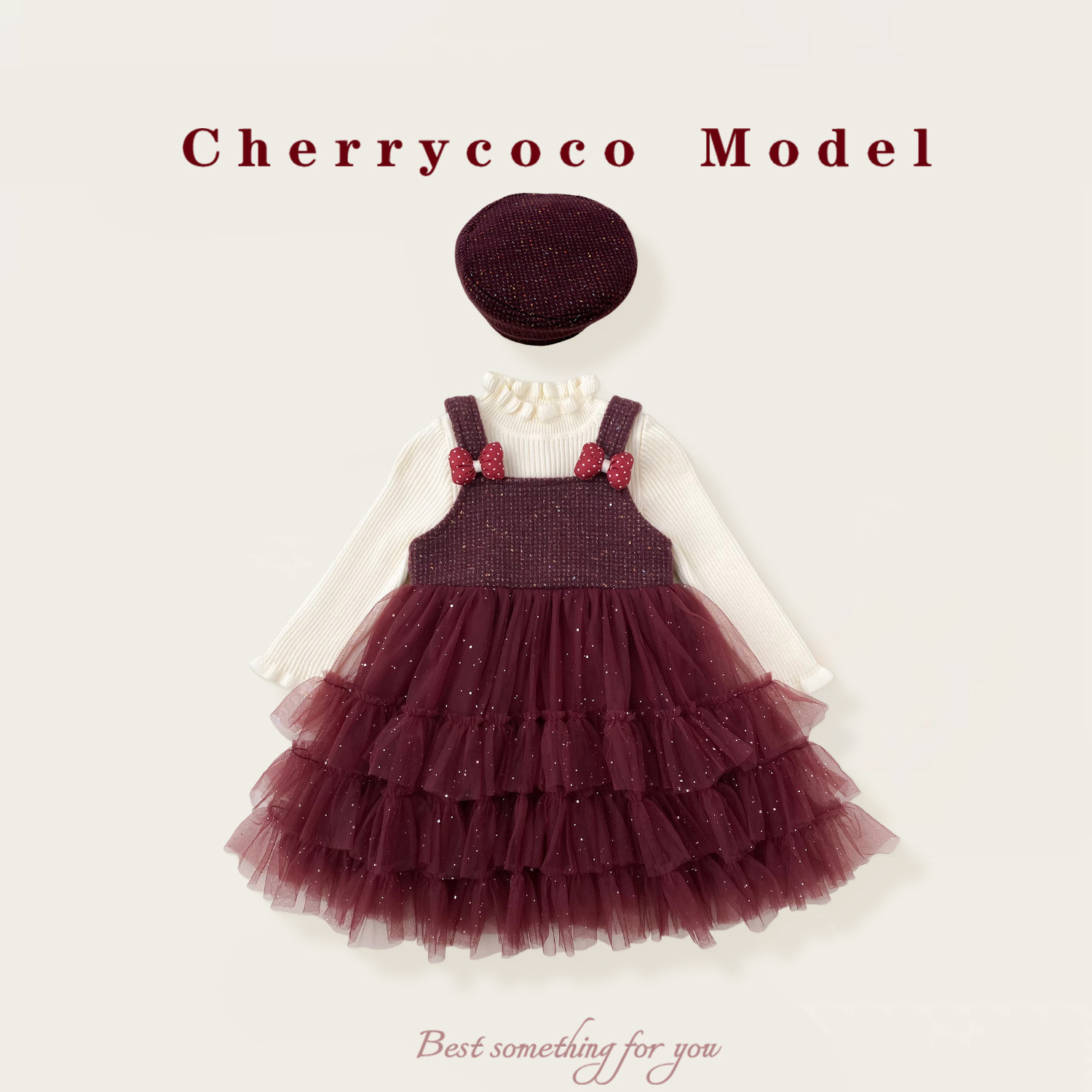 CHERRYCOCO女童连衣裙秋冬新款女宝宝加绒公主吊带网纱裙三件套装