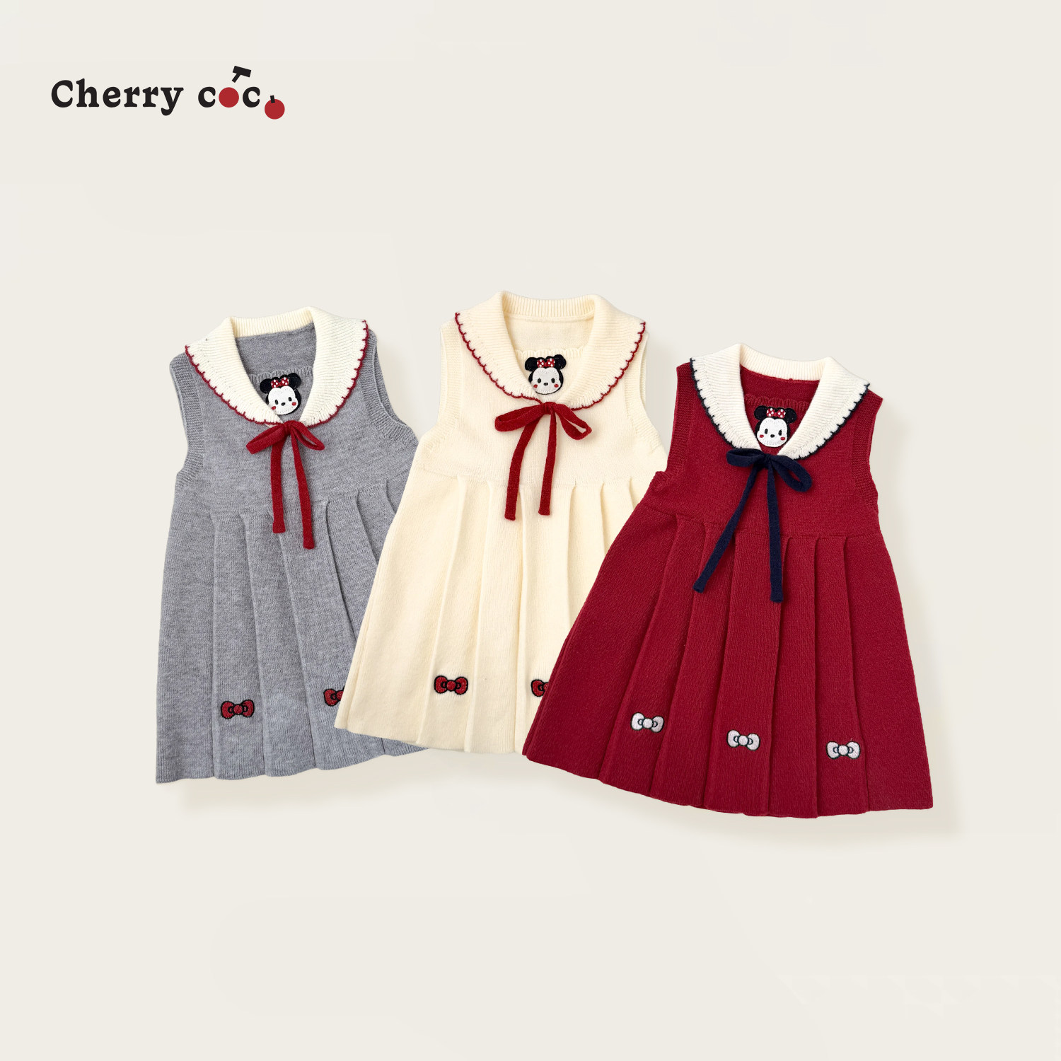 Cherrycoco女童连衣秋冬新款女宝宝可爱卡通翻领针织背心裙裙公主