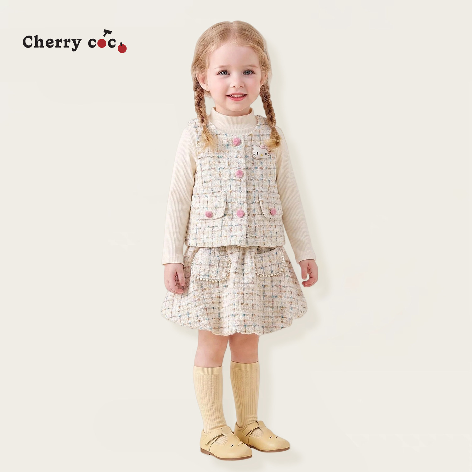 Cherrycoco女童套装秋冬新款女宝宝洋气小香风可爱马甲短裙三件套