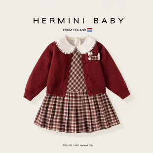 HERMINI女童连衣裙秋装新款洋气宝宝针织公主裙开衫裙子二件套装