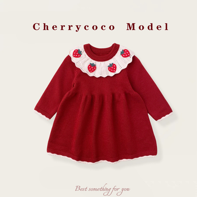 CHERRYCOCO女童连衣裙秋冬新款女宝宝甜美大翻领针织连衣裙公主裙