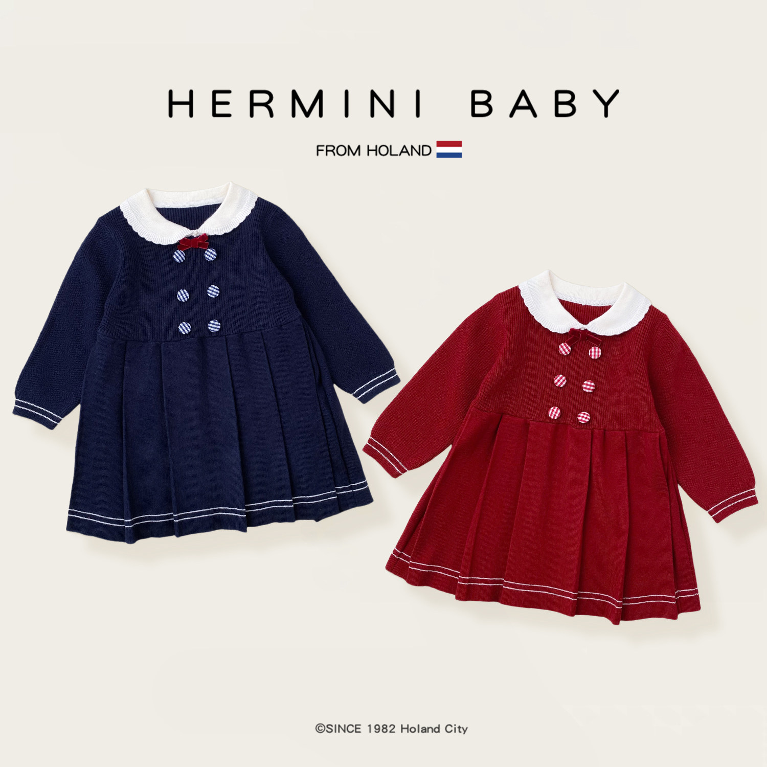 CHERRYCOCO女童连衣裙2025秋冬新款女宝宝学院风针织公主裙毛线裙