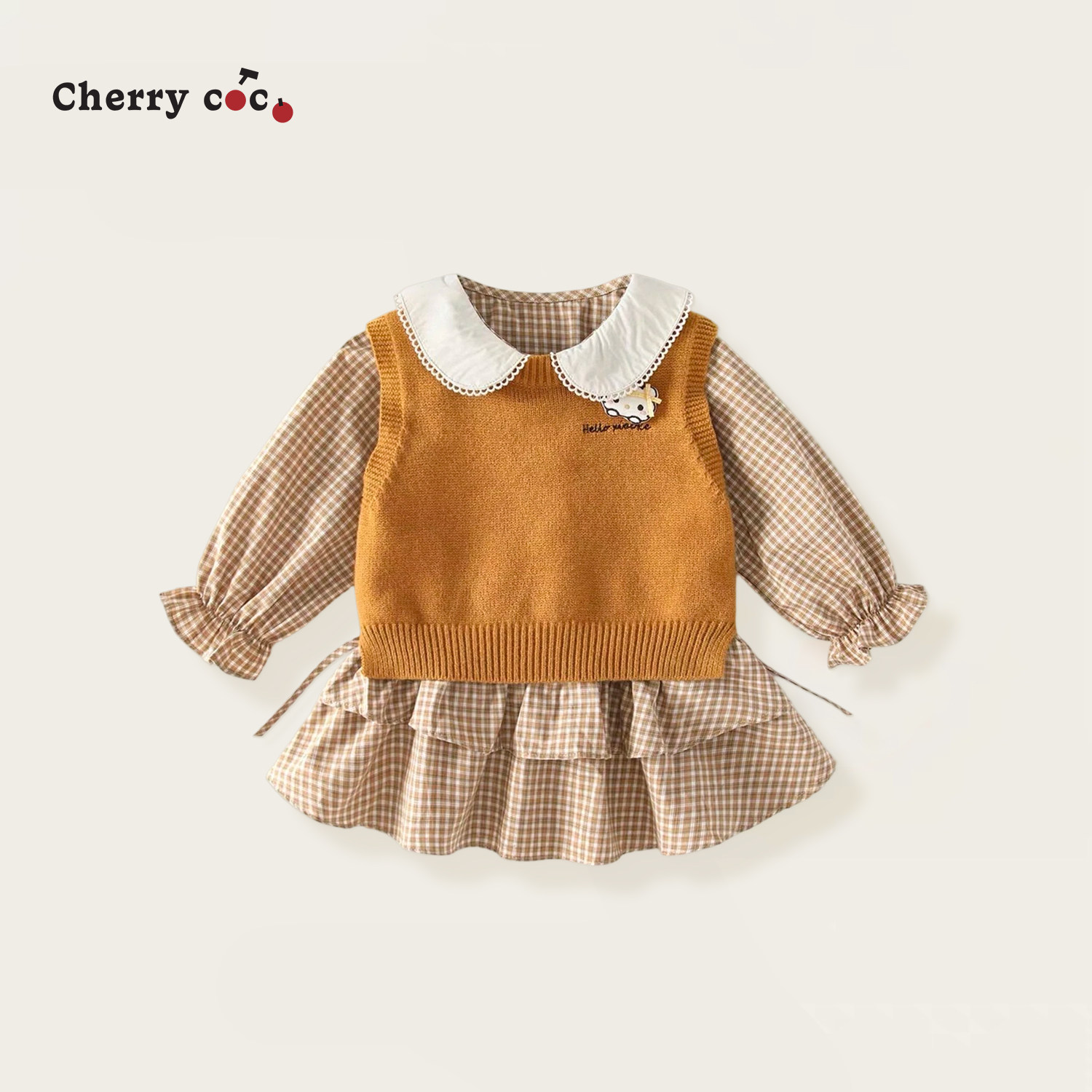 Cherrycoco女童套装秋冬新款女宝宝甜美针织背心格子连衣裙公主裙