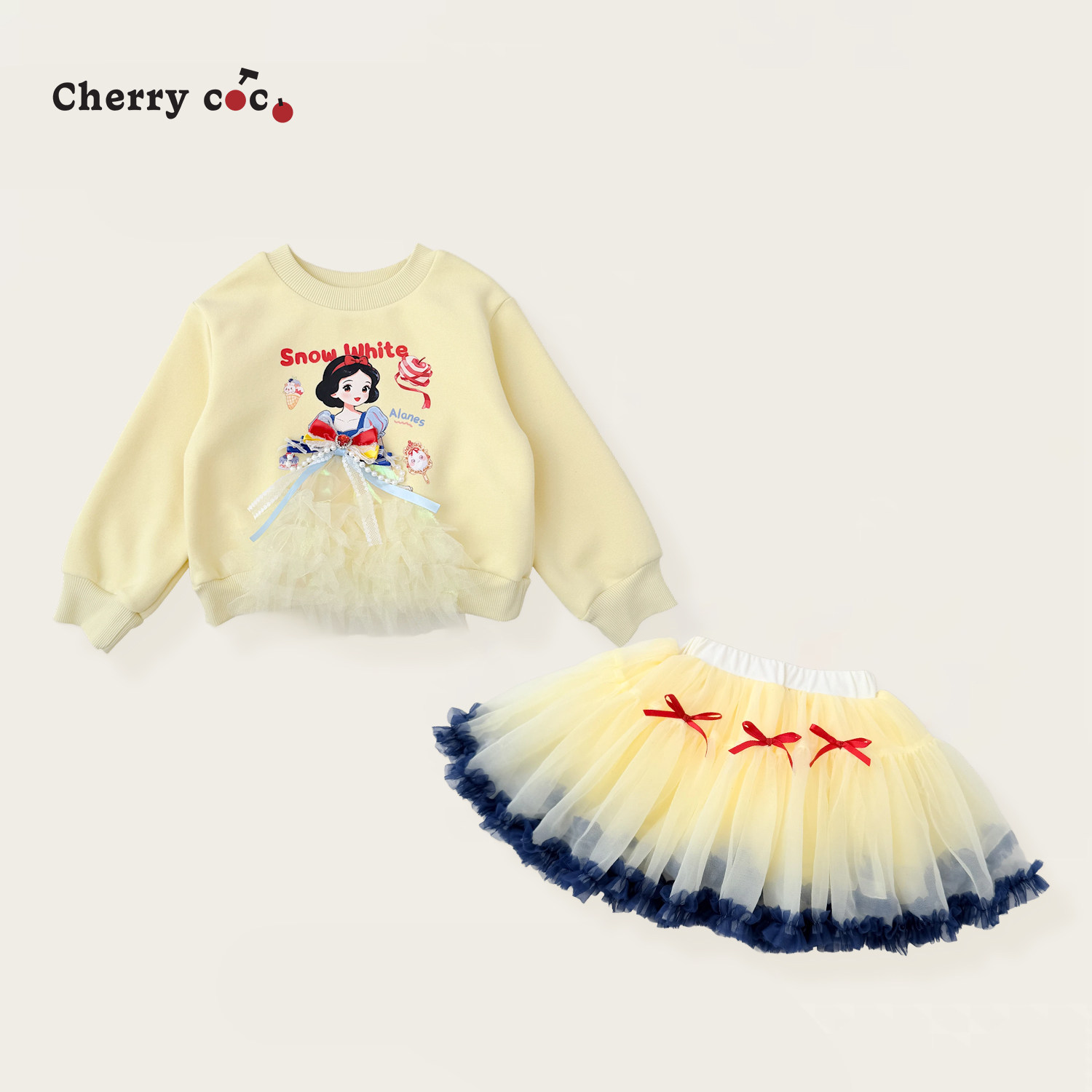 Cherrycoco女童套装秋季新款女宝宝卡通卫衣公主网纱裙甜美二件套