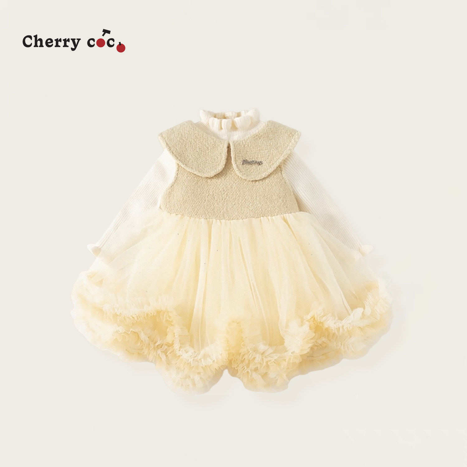 Cherrycoco女童套装秋冬新款女宝宝甜美气质拼接网纱公主裙二件套