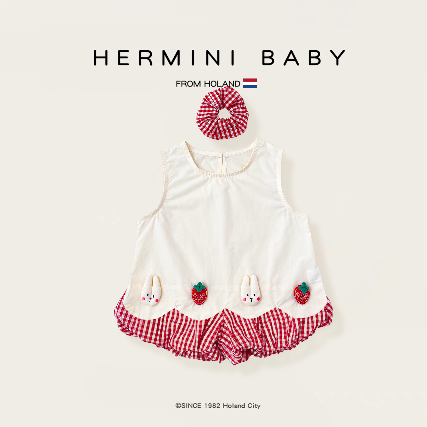 HERMINI女童套装新款2025女宝宝夏季甜美背心格子花苞短裤三件套