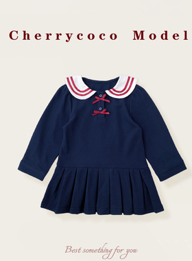 CHERRYCOCO女童连衣裙秋季新款女宝宝学院海军风大翻领长袖裙公主