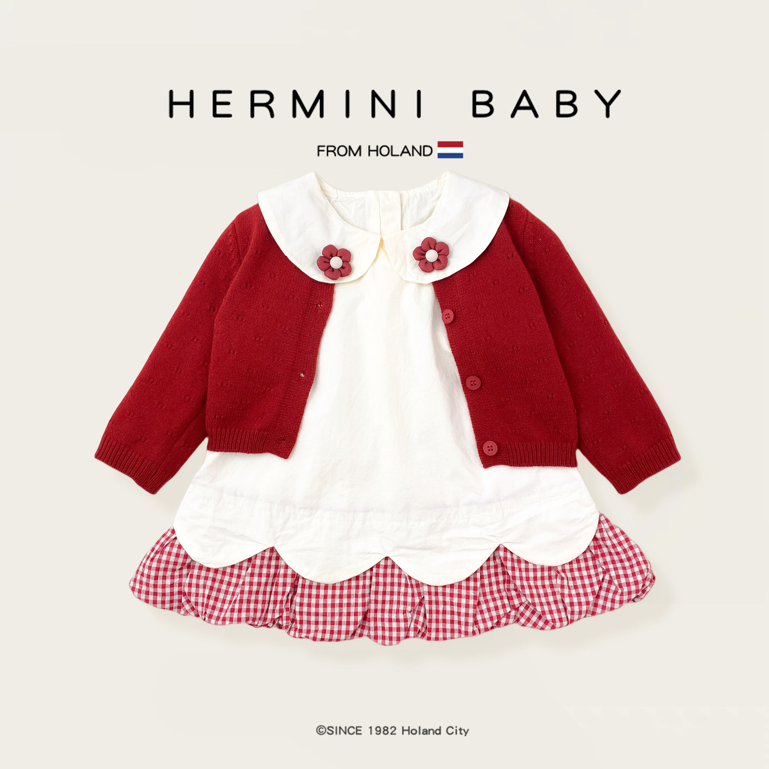 HERMINI女童套装秋冬新款女宝宝甜美公主裙针织外套二件套生日装