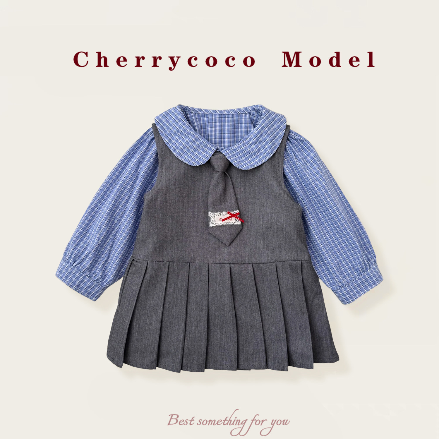 CHERRYCOCO女童套装新款女宝宝百褶背心裙格子衬衣学院风二件套装