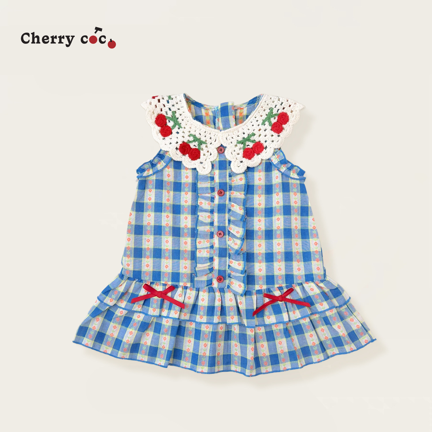 CHERRYCOCO女童连衣裙夏季新款女宝宝甜美樱桃领子格子公主背心裙
