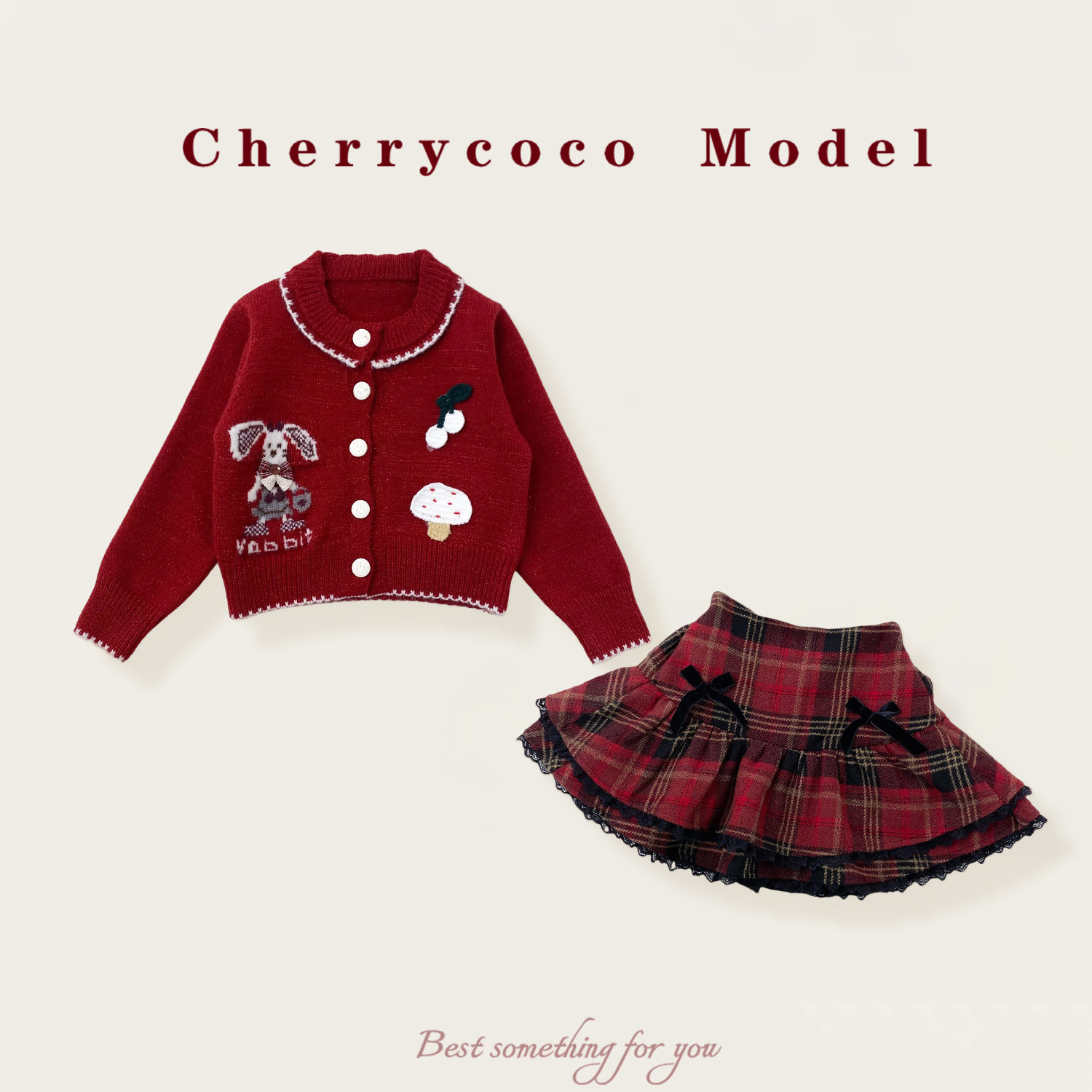 CHERRYCOCO女童套装春季新款女宝宝卡通针织开衫毛呢格子裙二件套