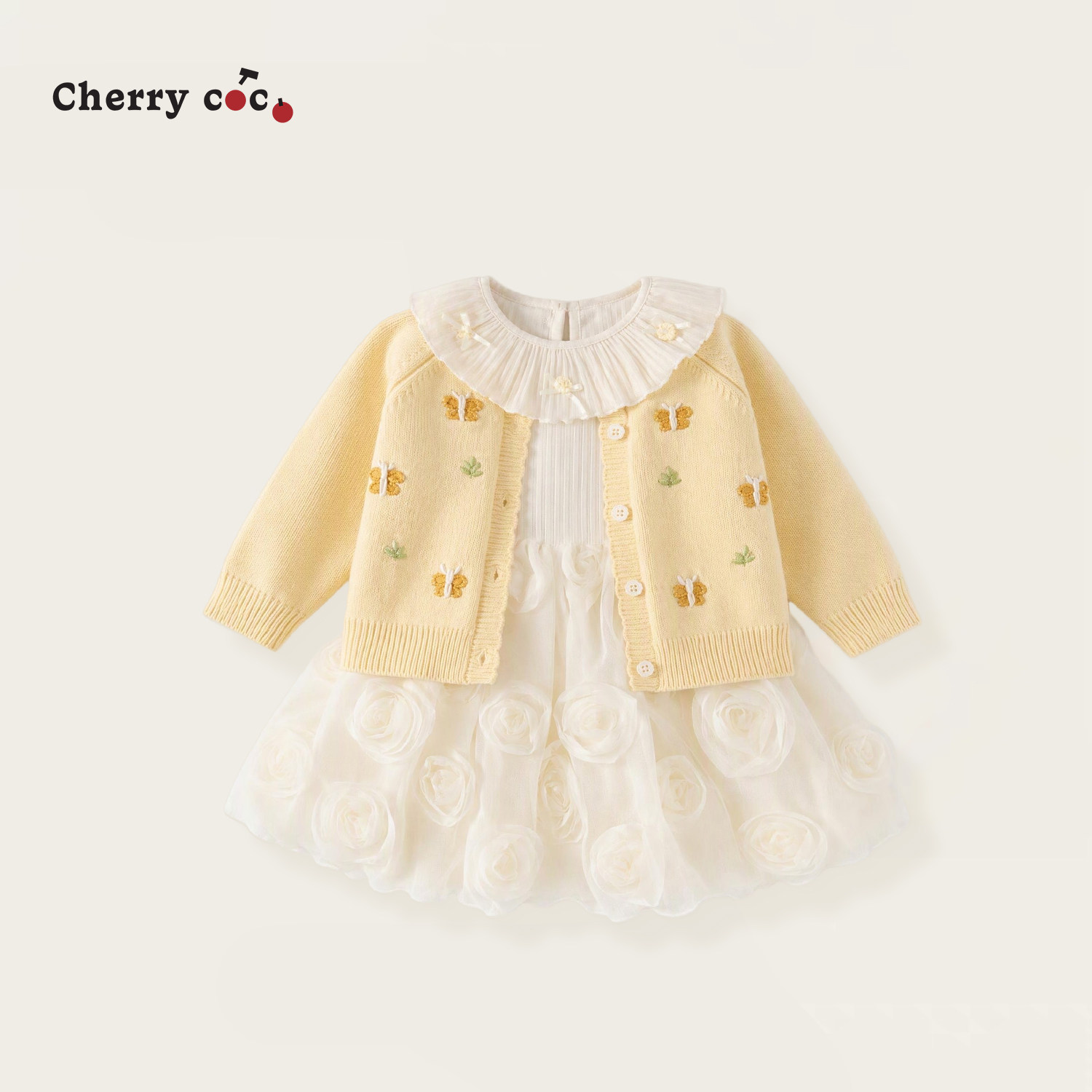 Cherrycoco女童套装秋冬新款女宝宝甜美针织毛衣外套公主裙二件套