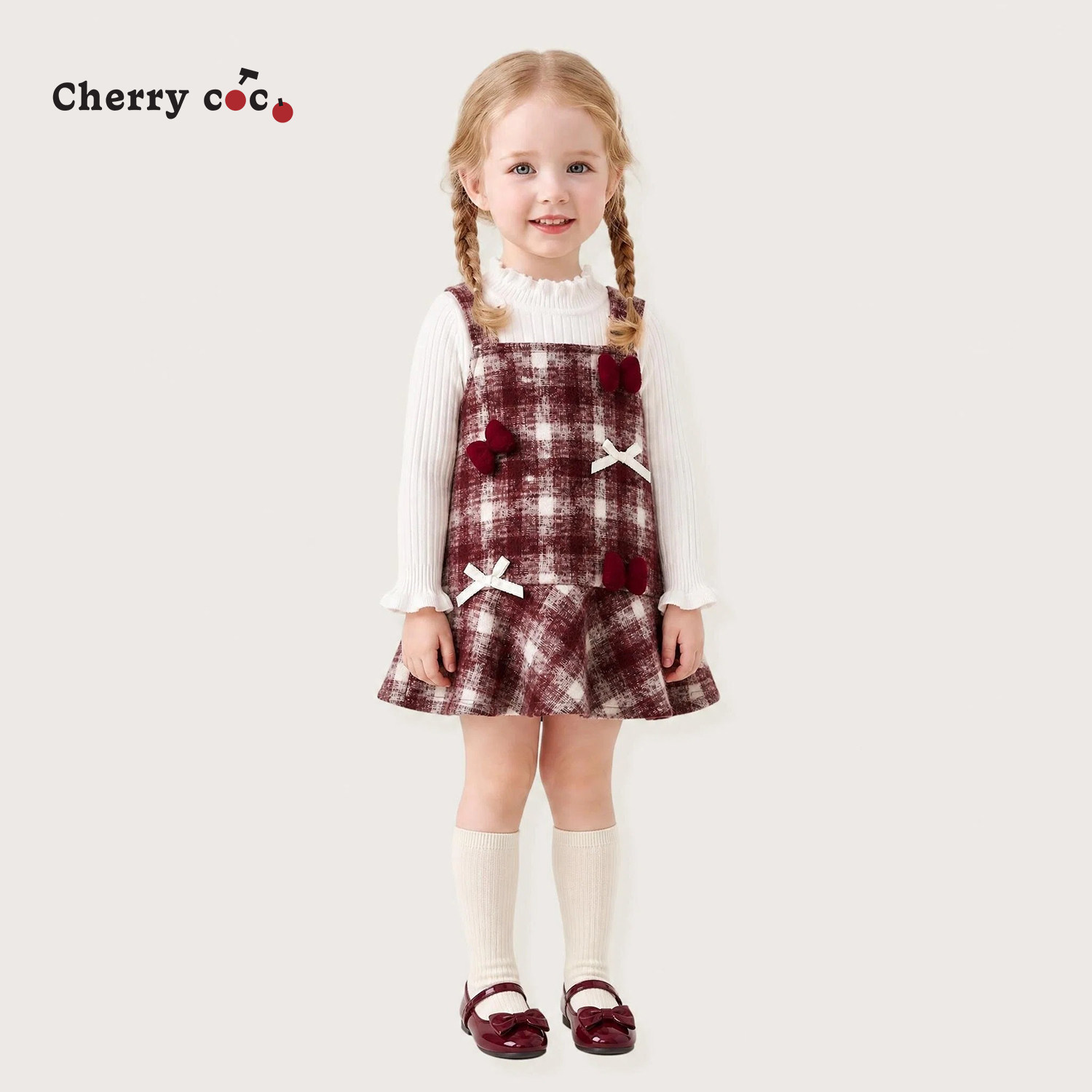 Cherrycoco女童套装秋冬新款女宝宝洋气毛呢背心裙甜美可爱二件套