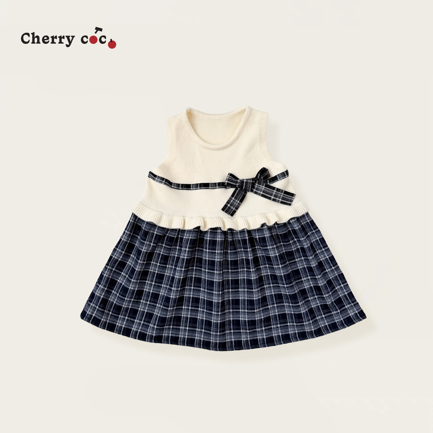 Cherrycoco女童连衣裙秋冬新款女宝宝洋气针织拼接毛呢格子背心裙