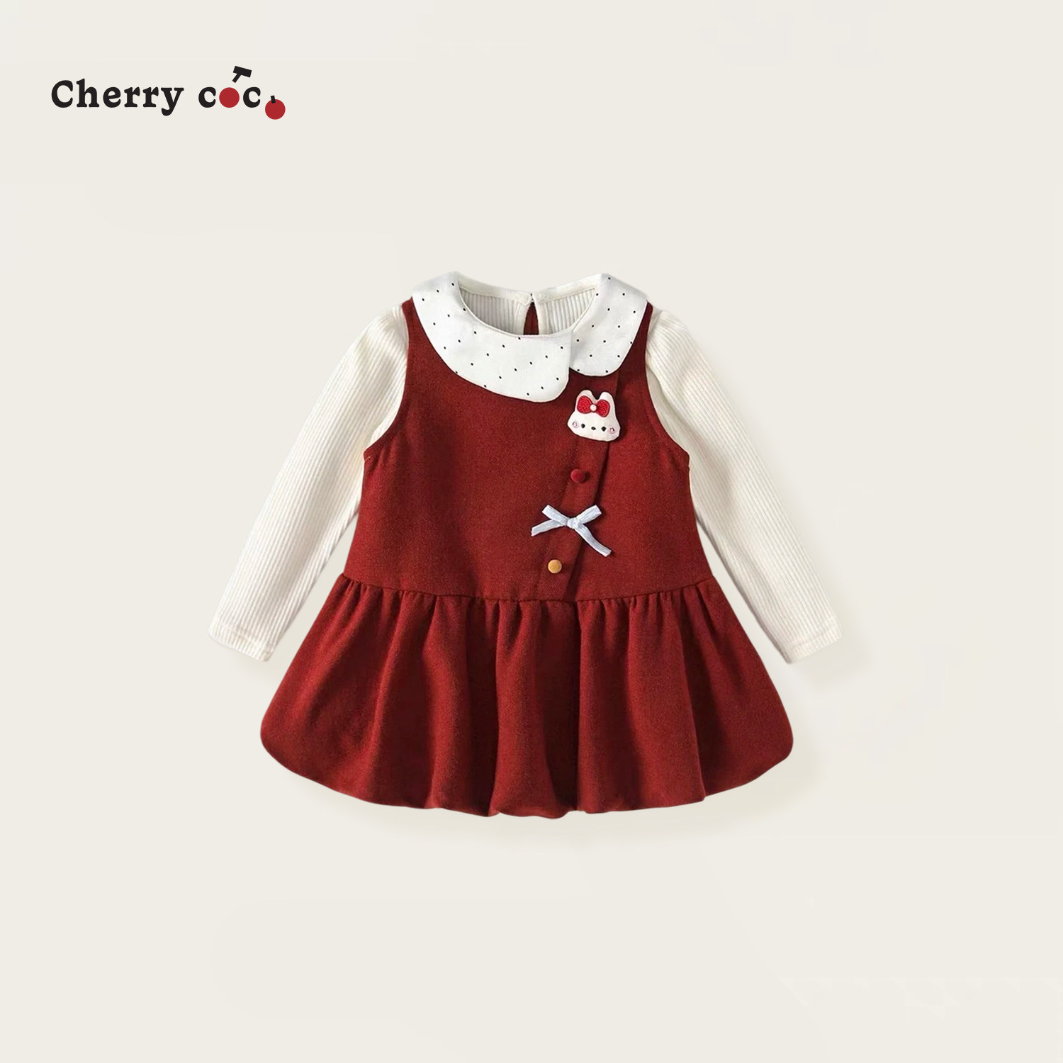 Cherrycoco女童套装秋冬新款女宝宝甜美毛呢背心裙打底衫二件套
