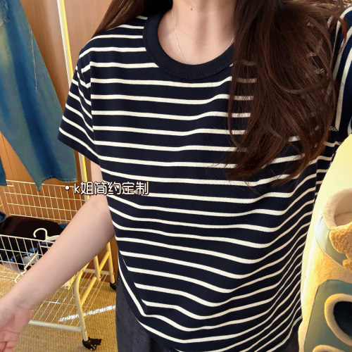 2026夏季新款条纹宽松正肩纯棉短袖T恤女百搭上衣