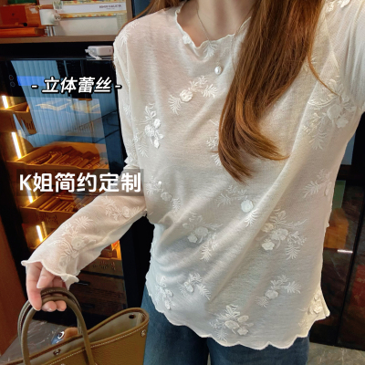 2025新款早秋百搭圆领长袖蕾丝衫女春秋宽松显瘦内搭打底衫上衣