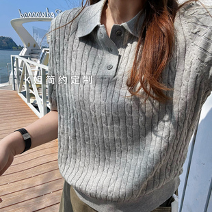 2026春夏新款宽松Polo领麻花针织短袖女气质百搭正肩短款上衣
