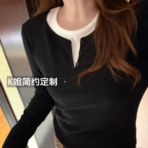2026春季新款假两件长袖T恤女宽松正肩上衣显瘦百搭内搭打底衫