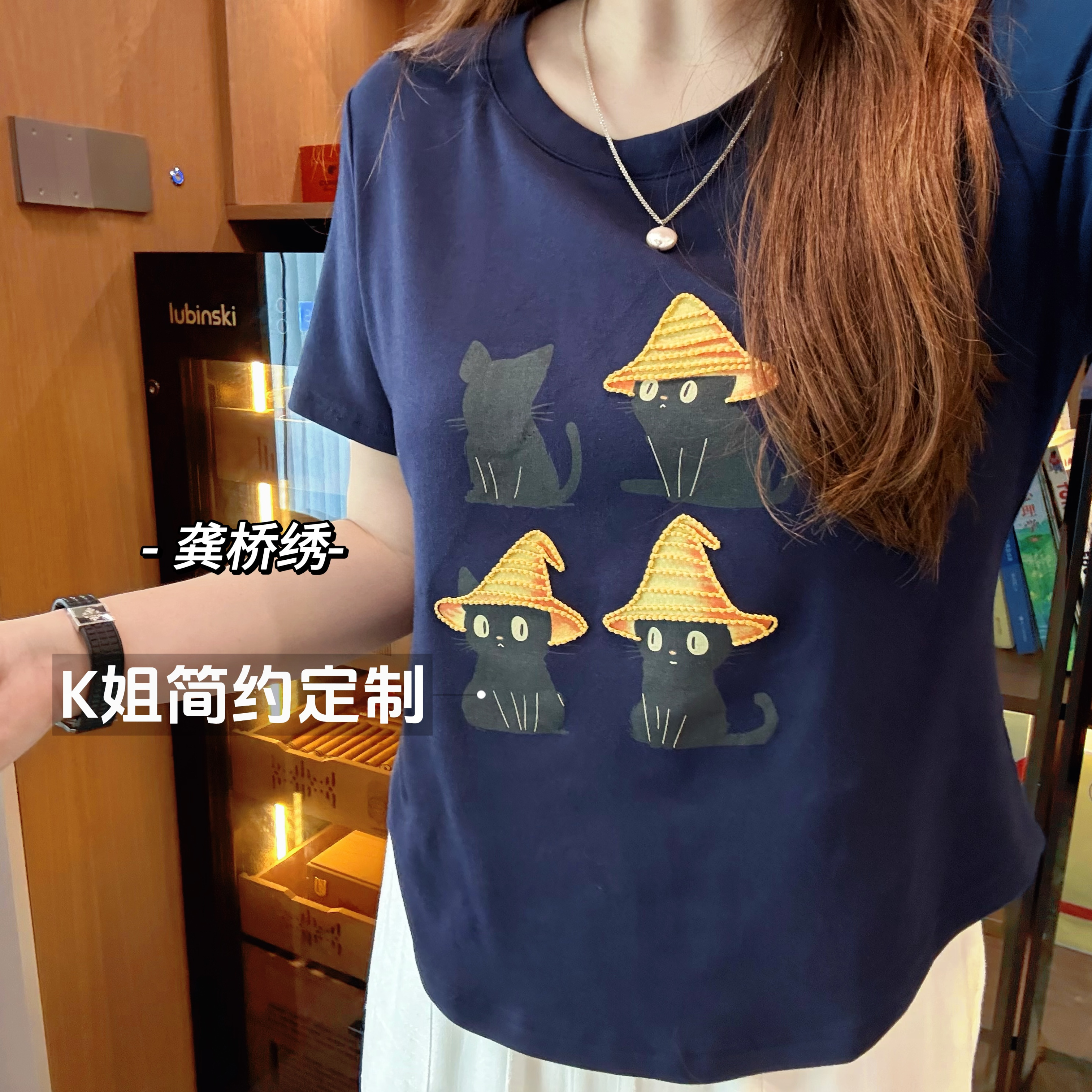 2025新款猫咪印花/绣花圆领正肩短袖T恤女夏季薄款宽松显瘦上衣