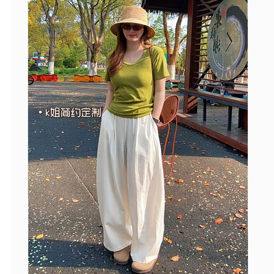 2026夏季新款高腰薄款垂感老钱风宽松休闲阔腿弯刀裤女天丝裤子
