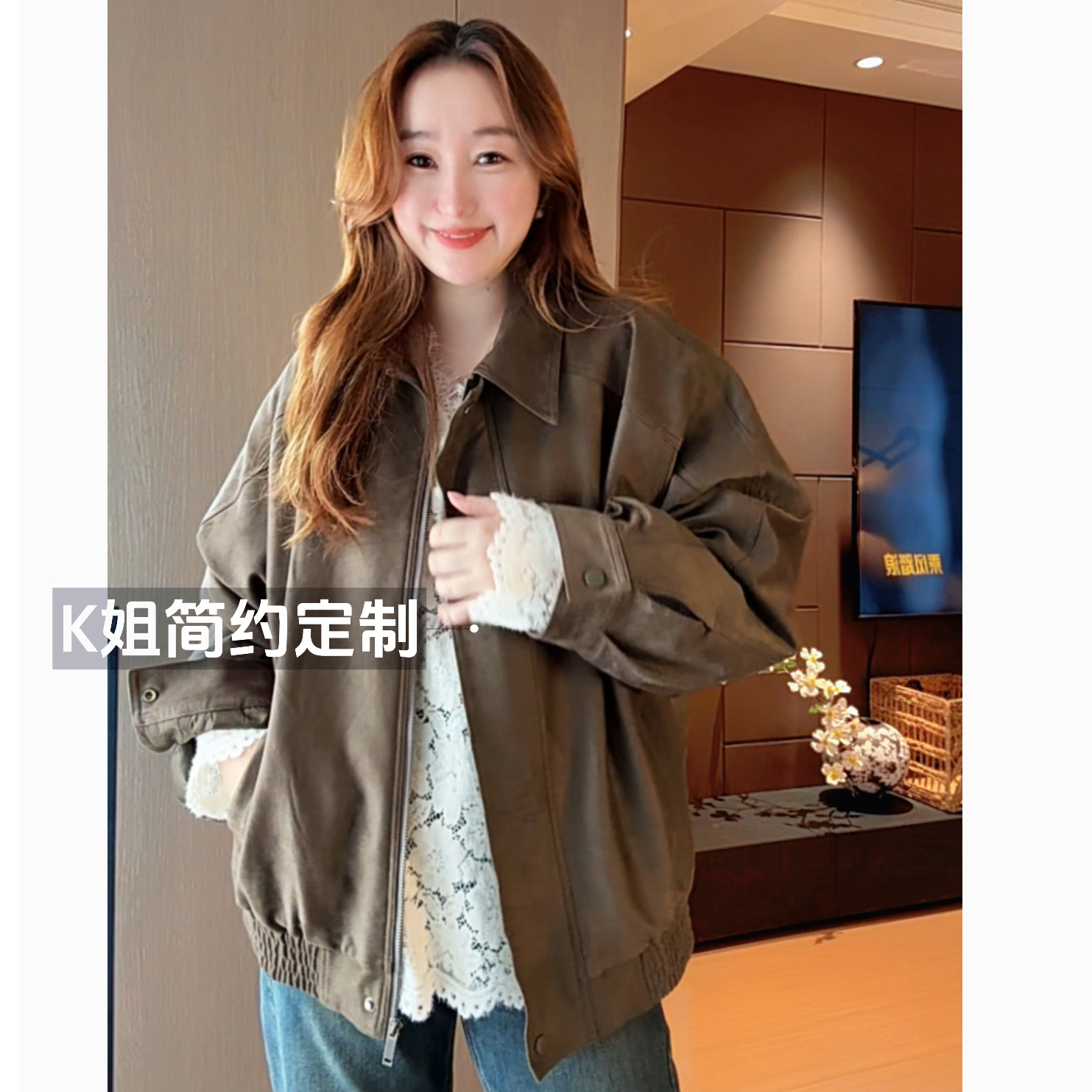 2025新款百搭翻领长袖麂皮绒外套女秋冬宽松显瘦休闲夹棉夹克上衣