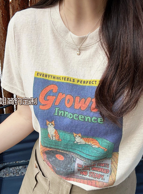 2026夏季新款小猫数码印花宽松正肩短袖T恤女百搭上衣