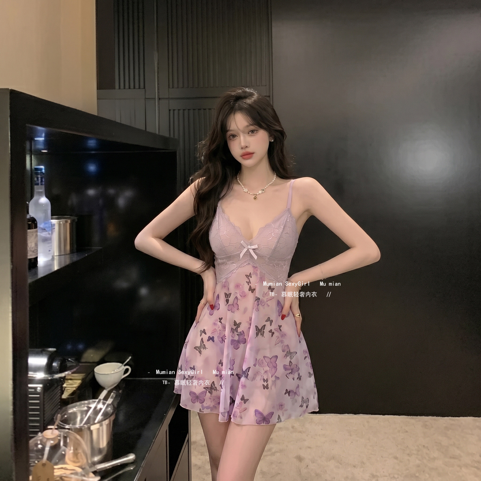 慕眠*性感睡衣女款夏情调纯欲风网纱透视蕾丝吊带睡裙居家服套装